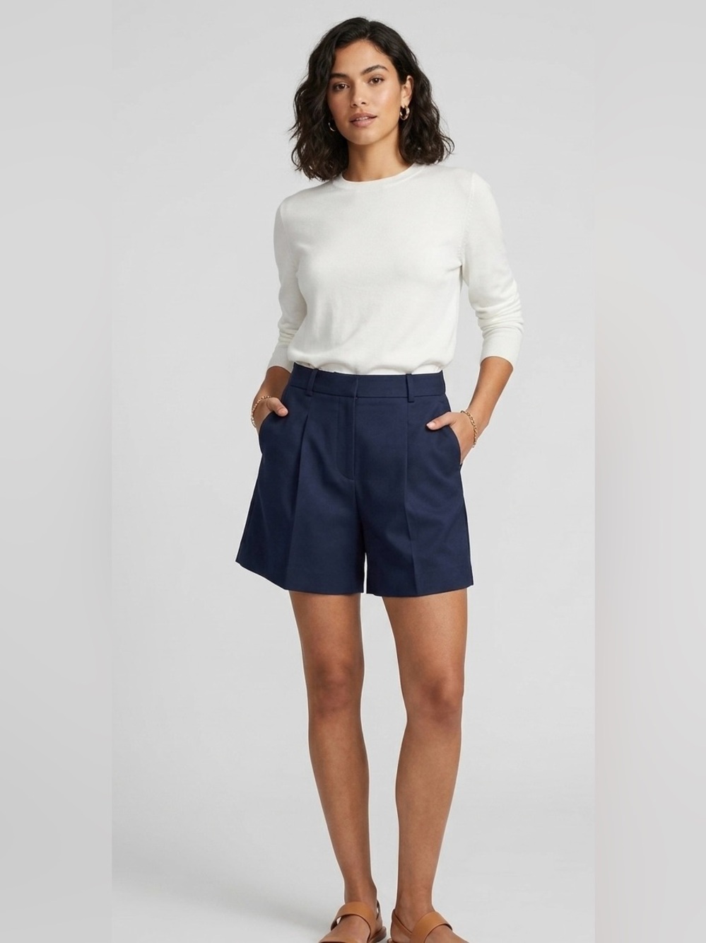 Revolve Eaves Navy Blue Tailored Pleated Shorts - High-Waisted Structured Shorts